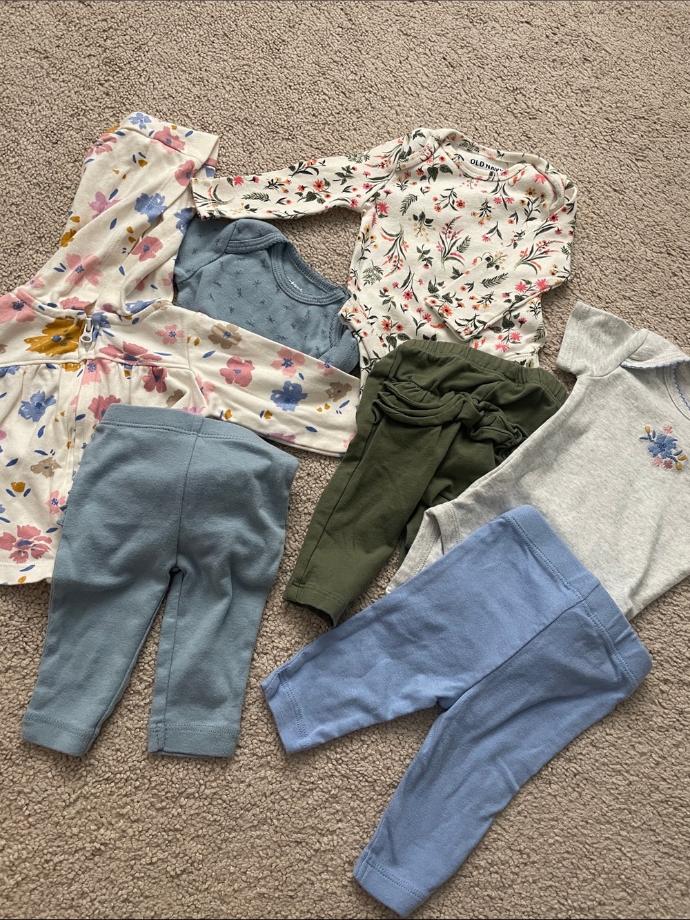 Baby Girl Mixed Outfit Bundle - Floral, Blue, Olive Pieces